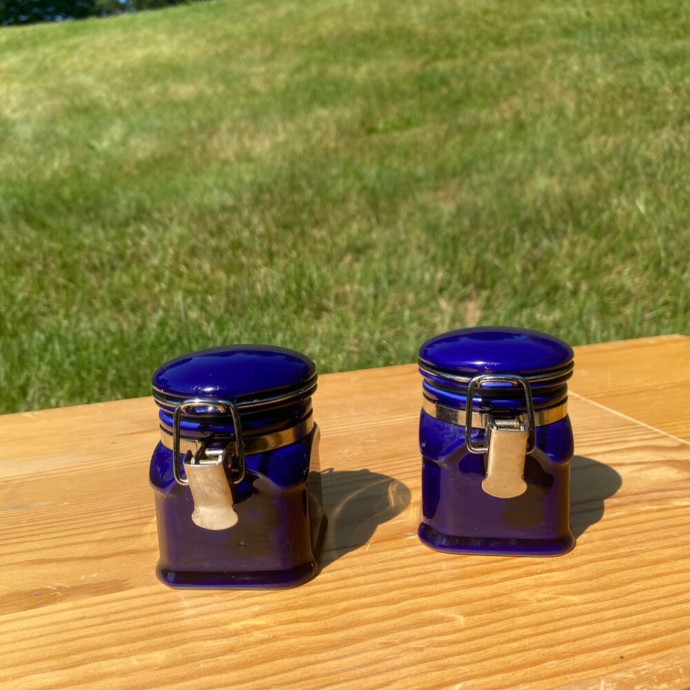 Vintage Cobalt Blue Ceramic Apothecary Canisters Pair Metal Clamp Glass Jar Set